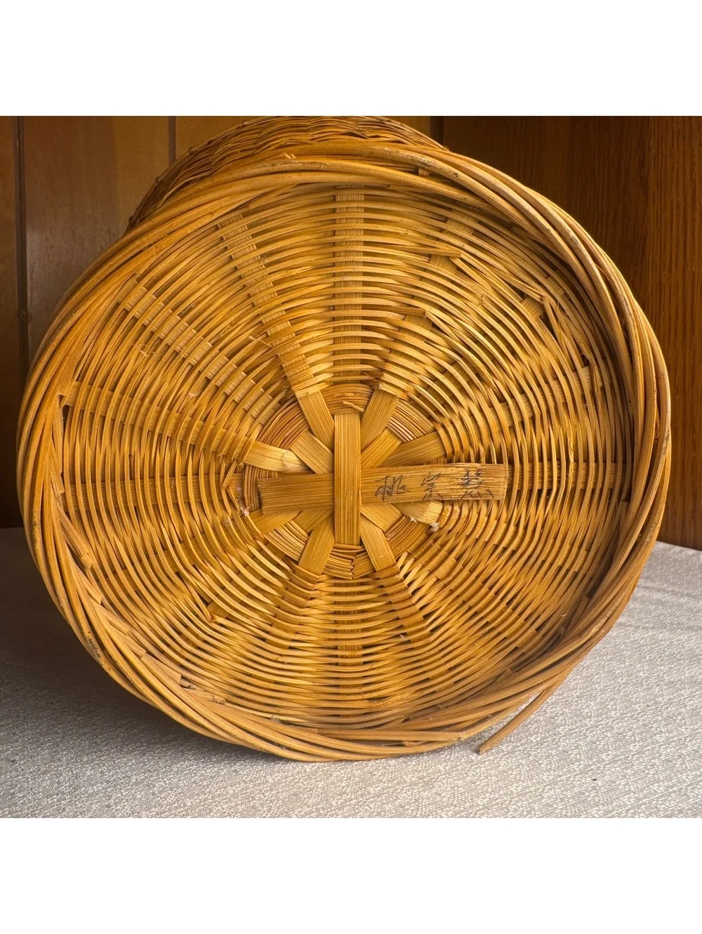 Vintage Japanese Handwoven Bamboo Basket Signed 11” Woven Storage Basket